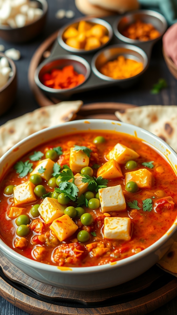 Bowl of Matar Paneer with green peas and paneer in tomato gravy, garnished with cilantro, next to naan bread.